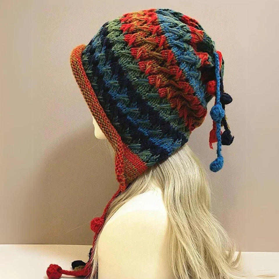 Crochet Beanie Women's Colorful Handmade Tassel Ear Flap Knit Hat with Boho Styl
