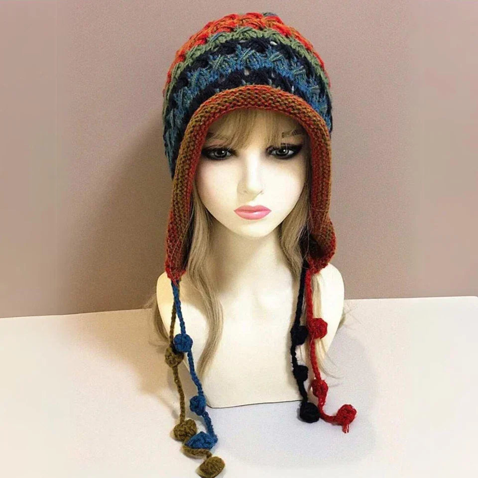 Crochet Beanie Women's Colorful Handmade Tassel Ear Flap Knit Hat with Boho Styl